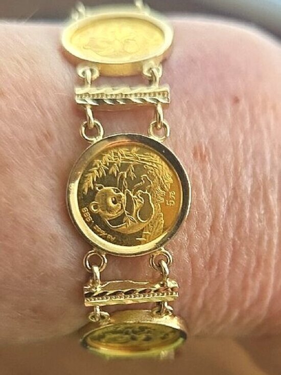Vintage Jewelry - 1994 CHINA CHINESE PANDA 1/20 OZ YAUN COIN BRACELET SET IN 14KY GOLD 7 COINS